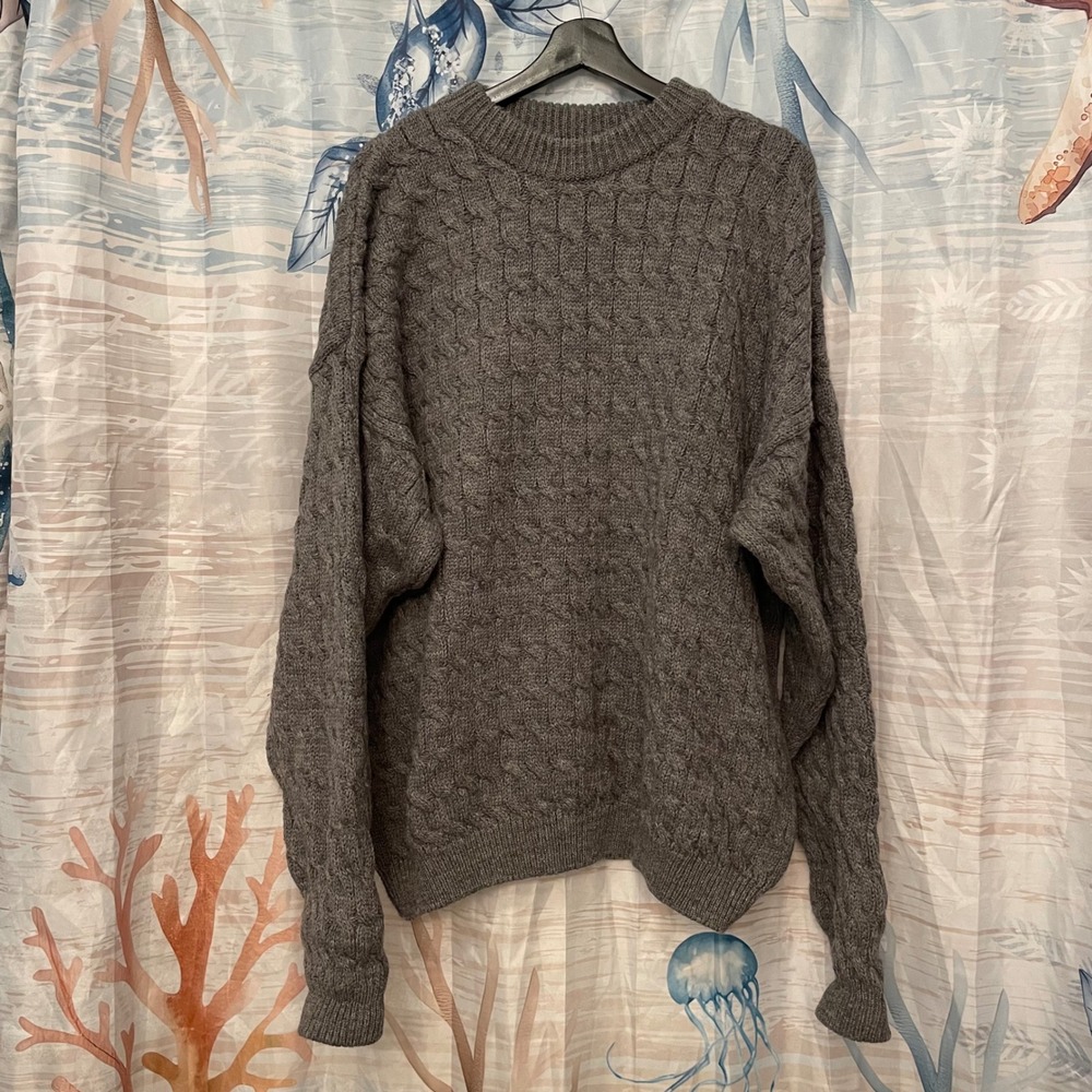 Vintage Paul James British Pure Wool Fisherman Cable Knit Sweater Grey Mens XL